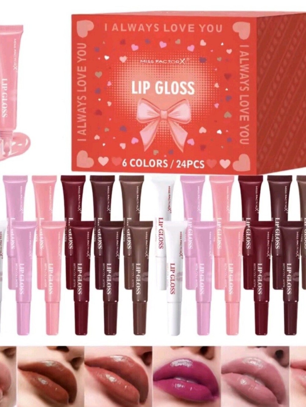New Sealed Miss Factor X 6 Color/24 Piece Lip Gloss. Moisturizing & Long Lasting